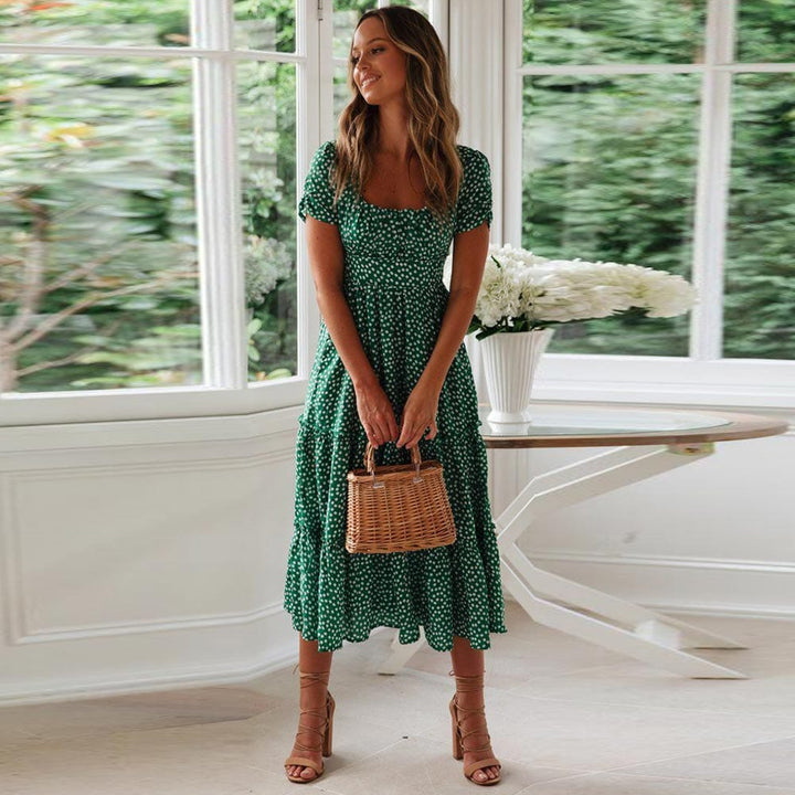 Charlie   Bohemian Green Midi Dress with Puff Sleeve
