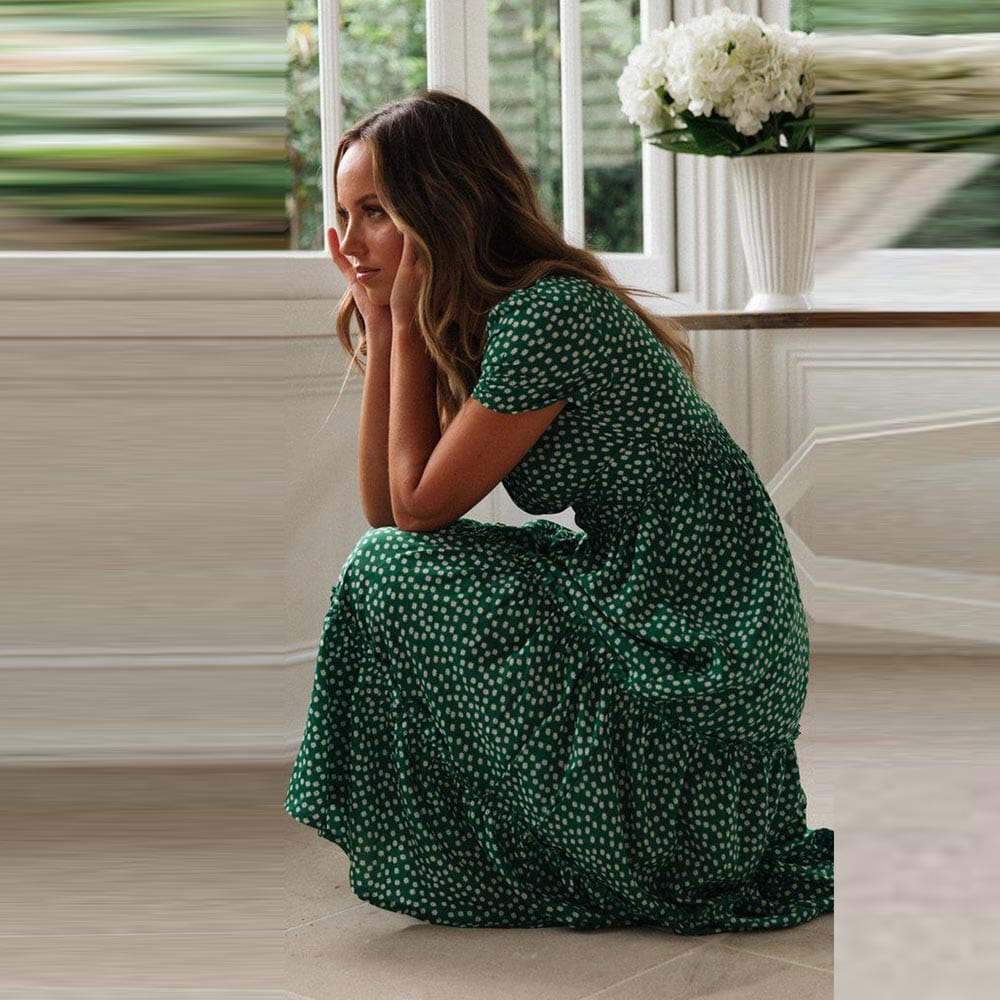 Charlie   Bohemian Green Midi Dress with Puff Sleeve