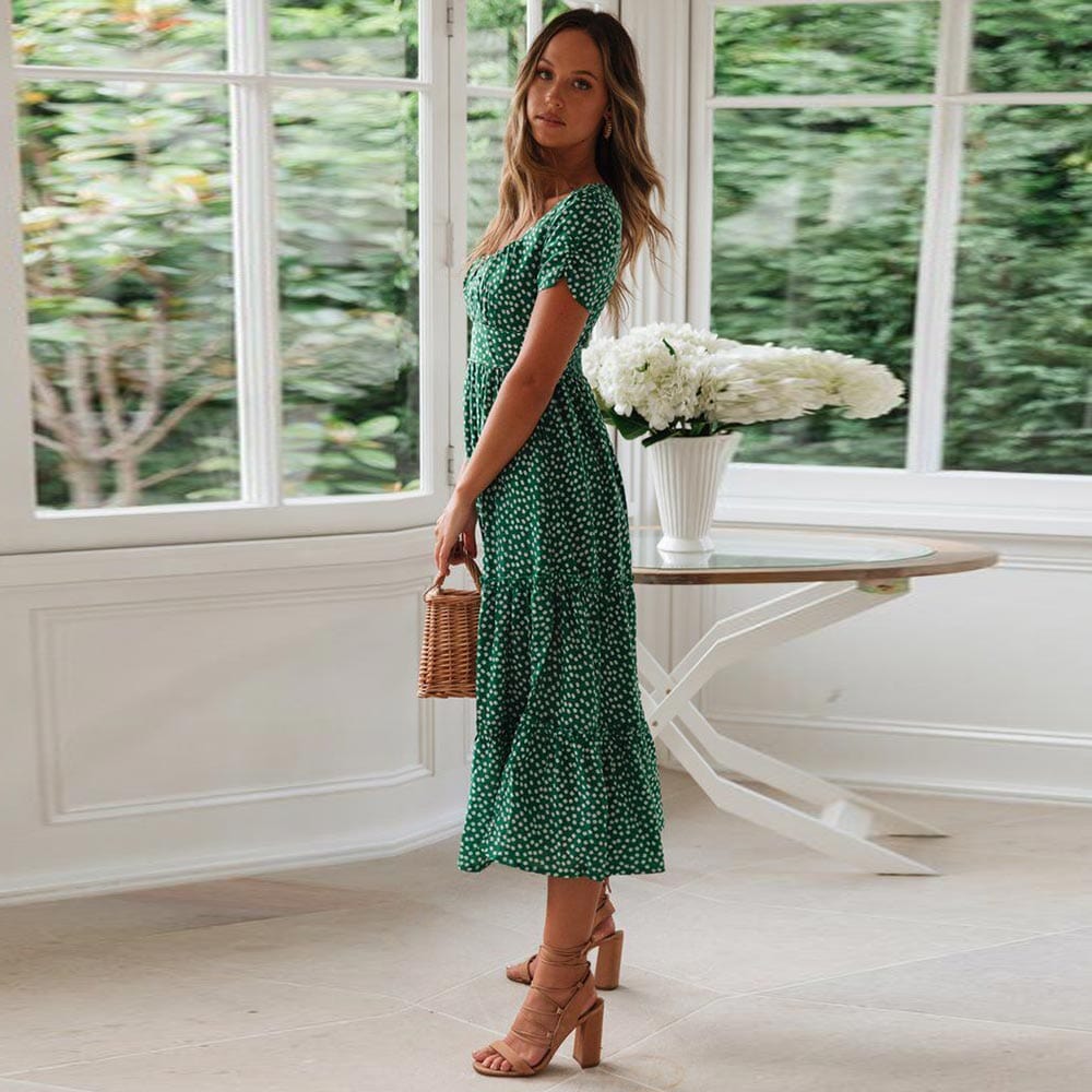 Charlie   Bohemian Green Midi Dress with Puff Sleeve