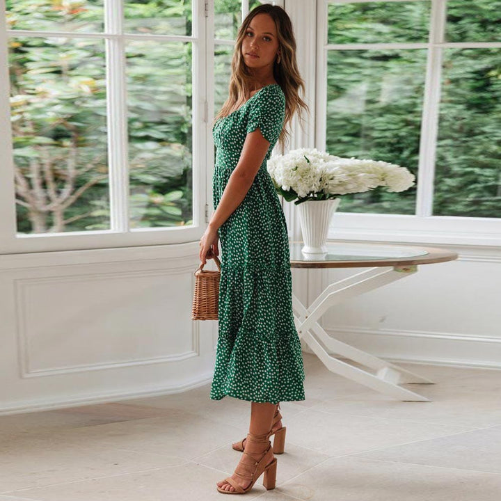 Charlie   Bohemian Green Midi Dress with Puff Sleeve