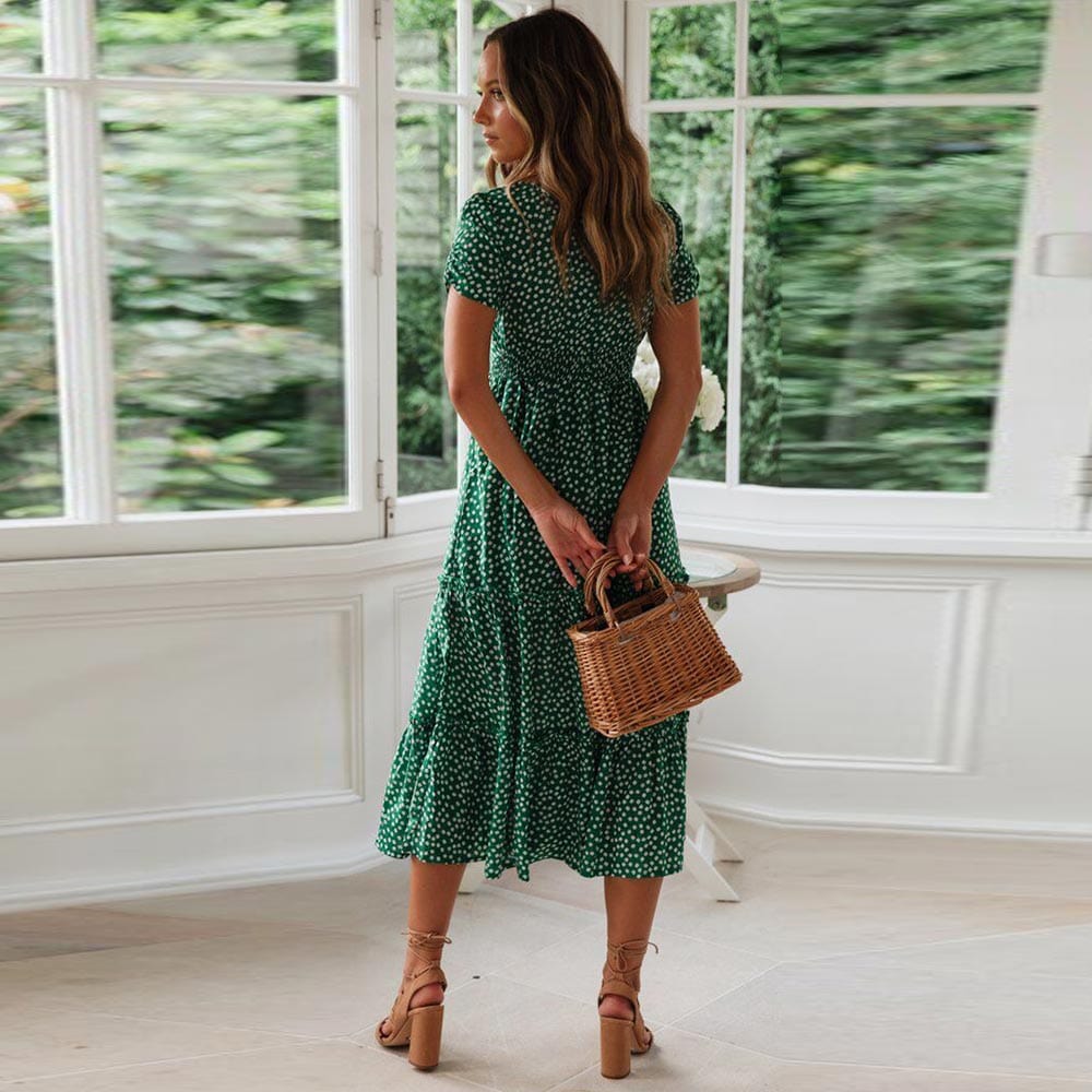 Charlie   Bohemian Green Midi Dress with Puff Sleeve